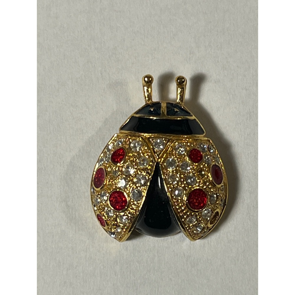 Gold Tone Ladybug Pin by Roman Rhinestone Pavé Crystal Black Enamel Insect